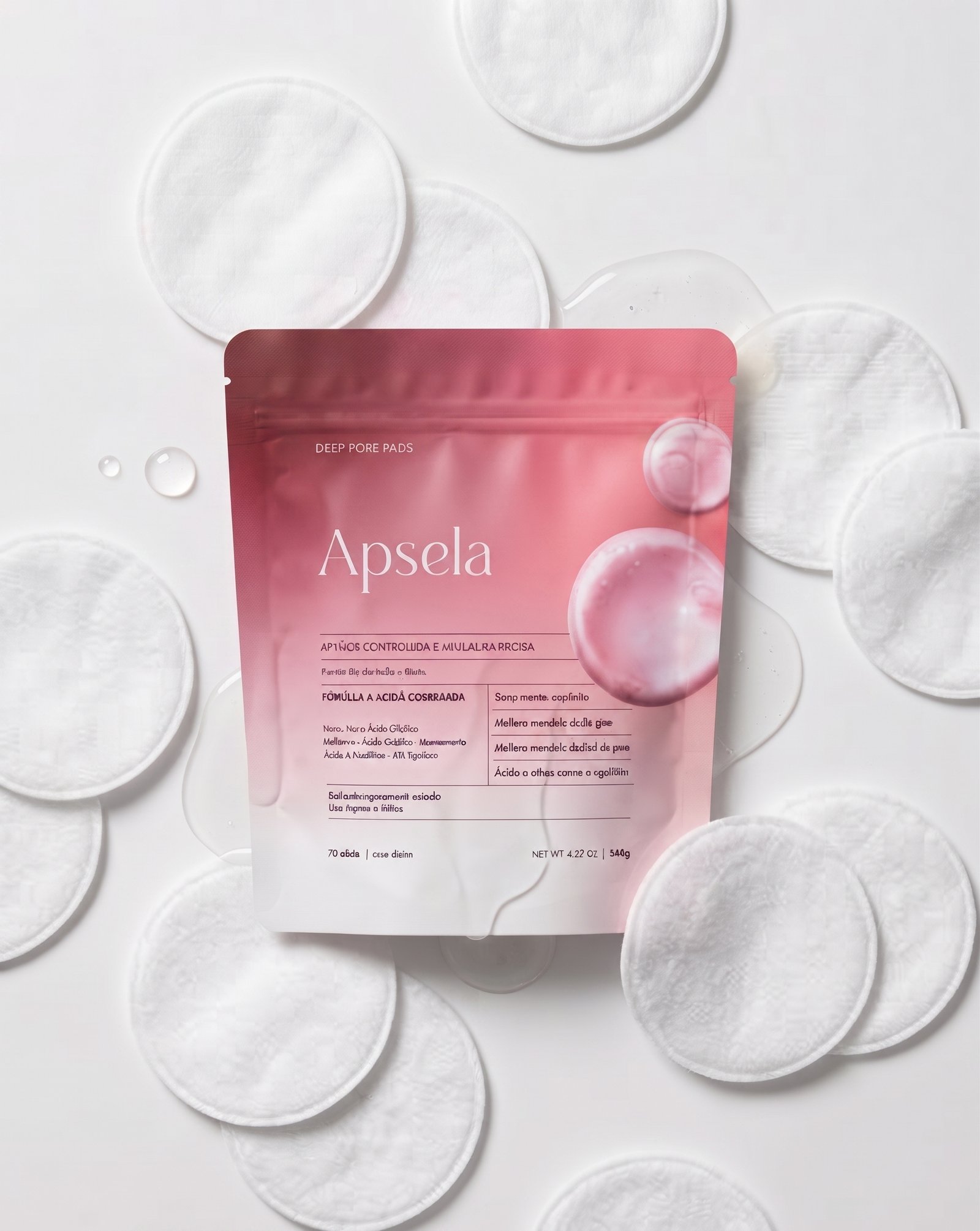 Pacote Deep Pore Pads Apsela sobre algodões e gotas de sérum